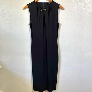 MaxMara Black Sleeveless Midi Dress Italy Sz 8 Gathered Neck Keyhole Luxury Chic